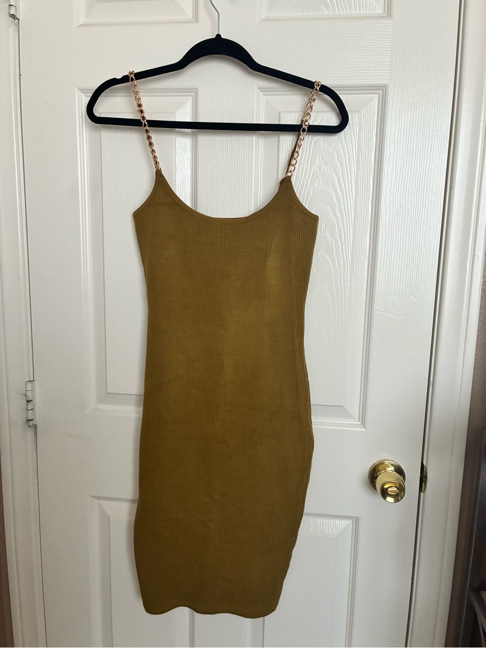 chic Olive Midi Dress with Gold Chain Straps
